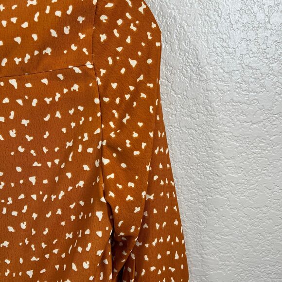 Topshop Sz 4 Long Sleeve Rust Orange Spot Chiffon Collared Midi Shirt Dress - Picture 10 of 16